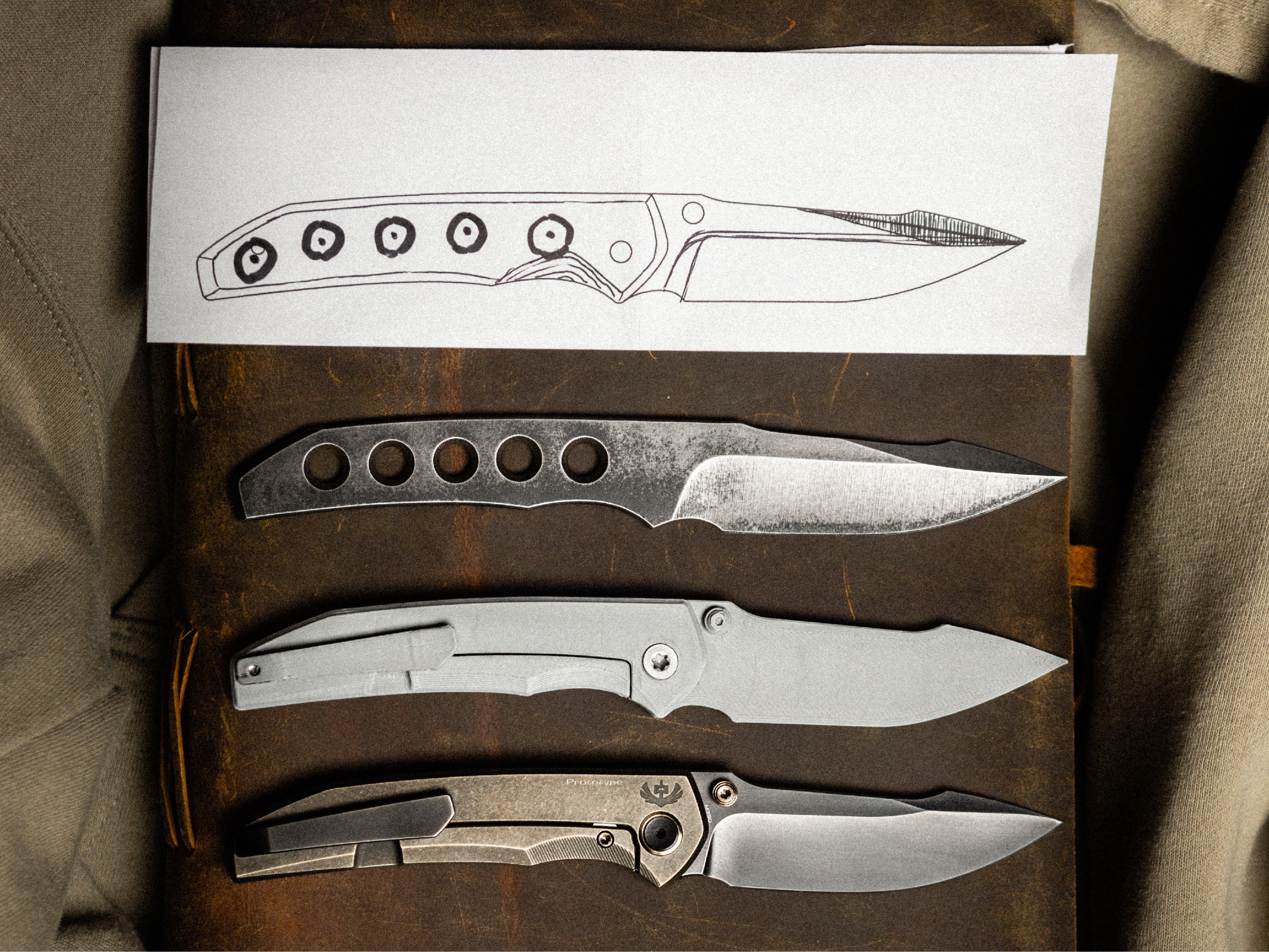 El boceto original, el prototipo de hoja fija, la versión impresa en 3D y el modelo final de Ryson.