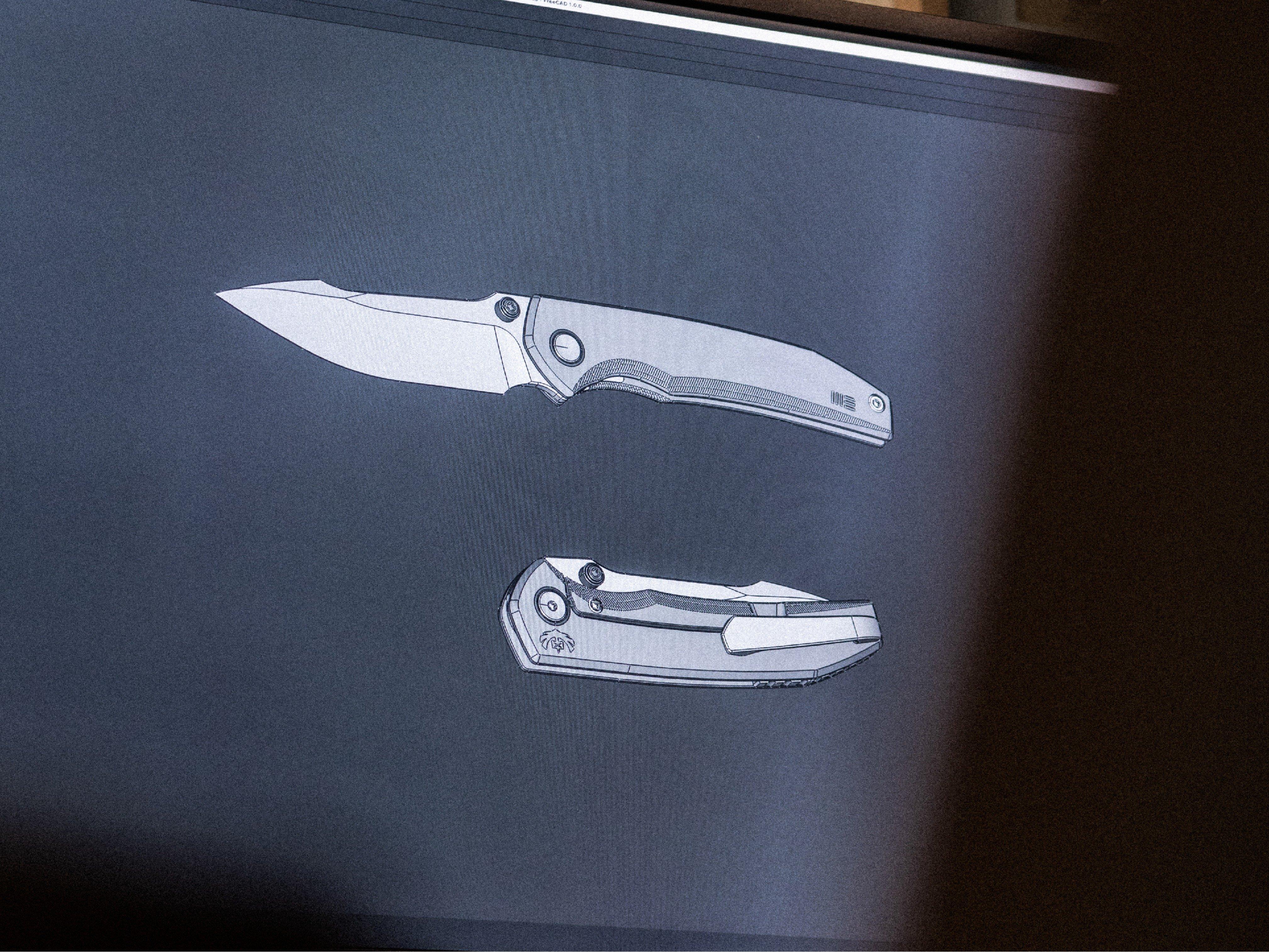 Dibujo CAD de la WE Knife Ryson en una pantalla de ordenador