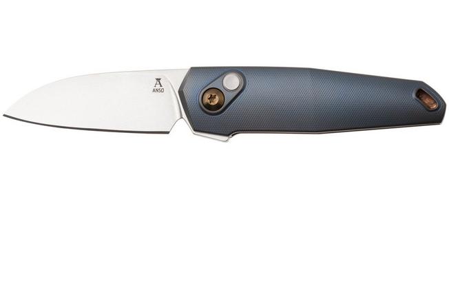 Image pour Ansø of Denmark Aros 2.0, ARO-KOB-AMB-BRZ, Stonewashed RWL34, Kobolt Titanium, Amber Hardware, Bronze Backspacer, couteau de poche, Jens Ansø design