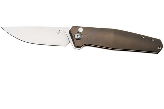 Afbeelding voor Ansø of Denmark Toko TOK-AMB-SAT-BRZ, Stonewashed RWL34, Amber Titanium, Satin Hardware, Bronze Backspacer, zakmes, Jens Ansø design