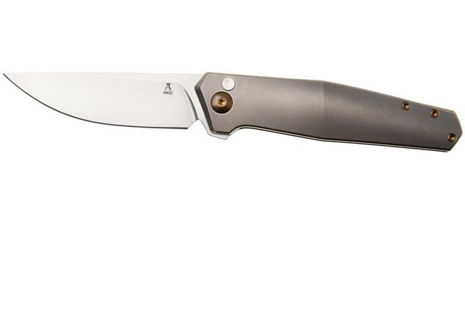 Afbeelding voor Ansø of Denmark Toko TOK-GRY-AMB-BRZ, Stonewashed RWL34, Grey Titanium, Amber Hardware, Bronze Backspacer, zakmes, Jens Ansø design
