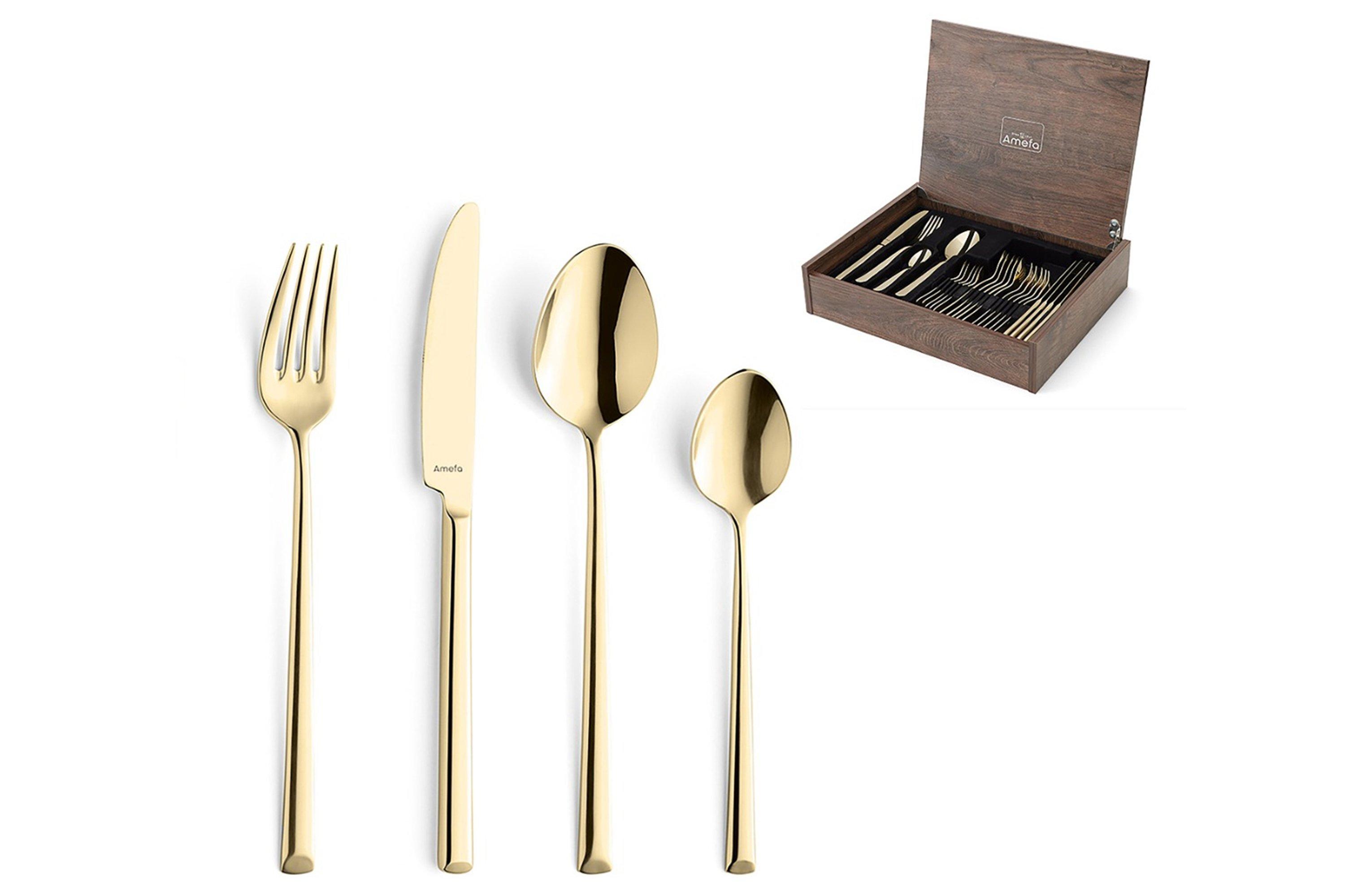 Amefa Metropole Gold 1170 24-piece cutlery set in wooden storage box ...