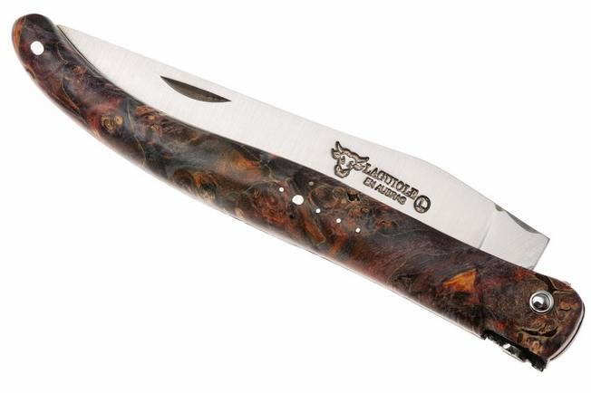 Obraz dla Nóż składany Laguiole en Aubrac Unique Piece 03-UP Colored Elder Wood Burl, Handcarved Bee and Spring, 12 cm