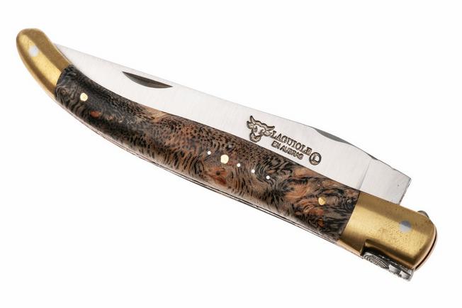 Obraz dla Nóż składany Laguiole en Aubrac Unique Piece 04-UP Albizia Wood, Handcarved Copper Plates, Matt Brass Bolsters, Handcarved Bee, 12 cm