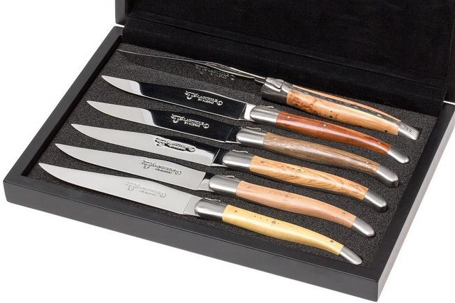 Laguiole Steak Knives Set of 6pc set Assorted Wood Handle Shiny Finish -  Forge de Laguiole USA