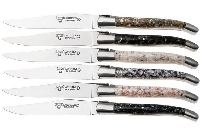 Afbeelding voor Laguiole en Aubrac Mixed Shells, Brushed Stainless Steel, 6-delige steakmessenset
