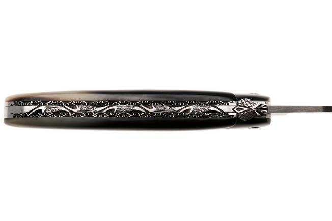 Afbeelding voor Laguiole en Aubrac Unique Piece Buffalo Horn, Full Handle, Double Plated Bolster, Carbon Balbach Damascus, zakmes