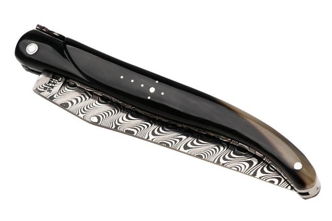 Afbeelding voor Laguiole en Aubrac Unique Piece Buffalo Horn, Full Handle, Double Plated Bolster, Carbon Balbach Damascus, zakmes