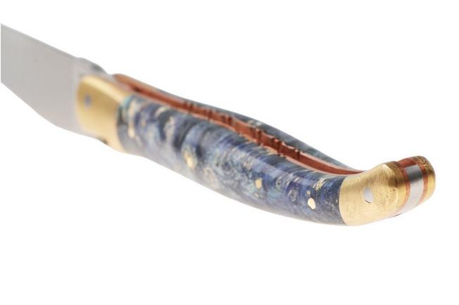 Afbeelding voor Laguiole en Aubrac Unique Piece Le Bijou Blue Elder Burl, Handcarved Copper Plates, Brass Bolster, zakmes