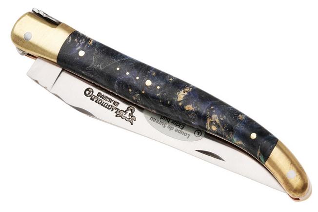 Afbeelding voor Laguiole en Aubrac Unique Piece Le Bijou Blue Elder Burl, Handcarved Copper Plates, Brass Bolster, zakmes
