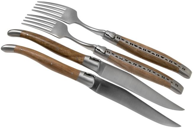 Laguiole en Aubrac Stainless Steel Steak Knives Set of 4 Forks and 4 Knives with Juniper Wood Handle