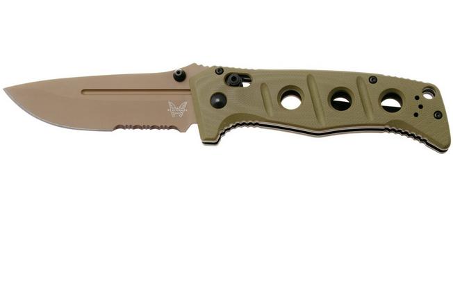 Afbeelding voor Benchmade Adamas 275SFE-04, Flat Earth Cerakote CPM MagnaCut, OD Green G10, partly serrated zakmes, Shane Sibert design