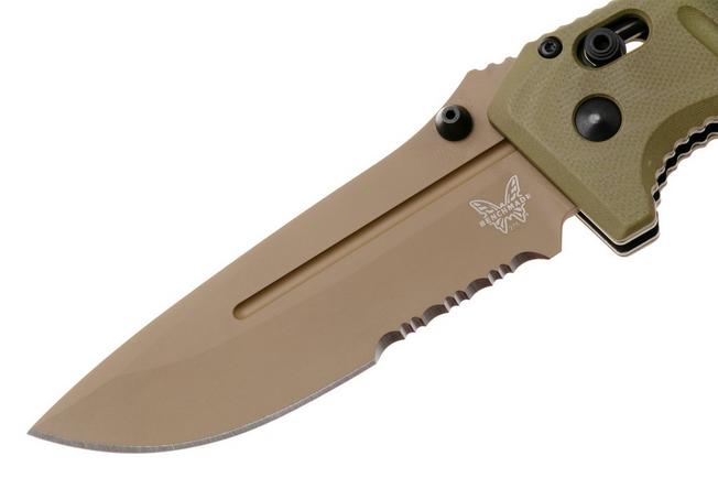 Afbeelding voor Benchmade Adamas 275SFE-04, Flat Earth Cerakote CPM MagnaCut, OD Green G10, partly serrated zakmes, Shane Sibert design