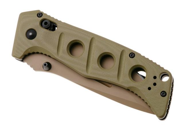 Afbeelding voor Benchmade Adamas 275SFE-04, Flat Earth Cerakote CPM MagnaCut, OD Green G10, partly serrated zakmes, Shane Sibert design