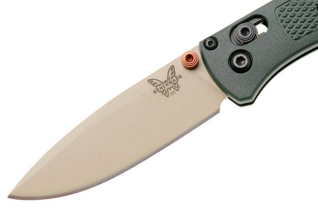 Afbeelding voor Benchmade Mini Bugout 533TN-2601, McMillan Tan Cerakote Elmax, Taiga Green Grivory zakmes