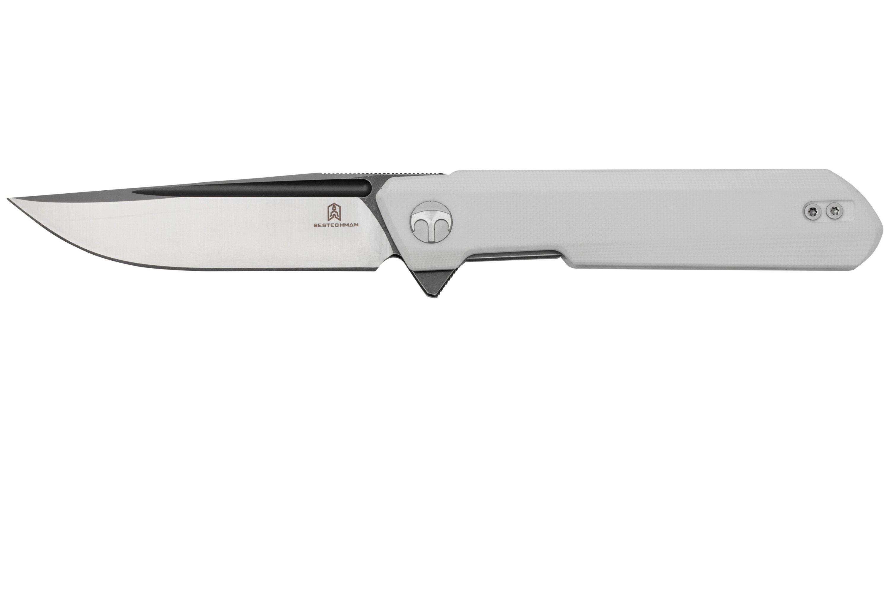 Bestechman Dundee BMK01G, White G10, Satin D2, pocket knife, Ostap Hel ...