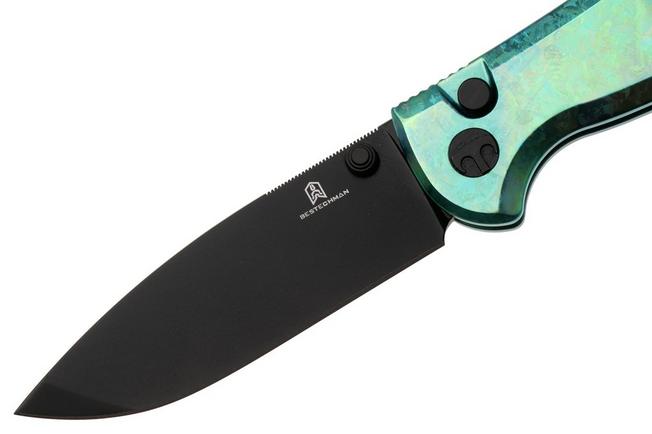 Afbeelding voor Bestechman Goodboy Jr. BMK10L Black PVD CPM Magnacut, Green Crystallized Titanium, zakmes