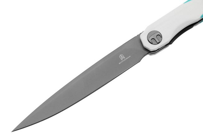 Afbeelding voor Bestechman Lanza BMK14D Gray PVD 14C28N, White Light Blue G10, zakmes, Kombou design