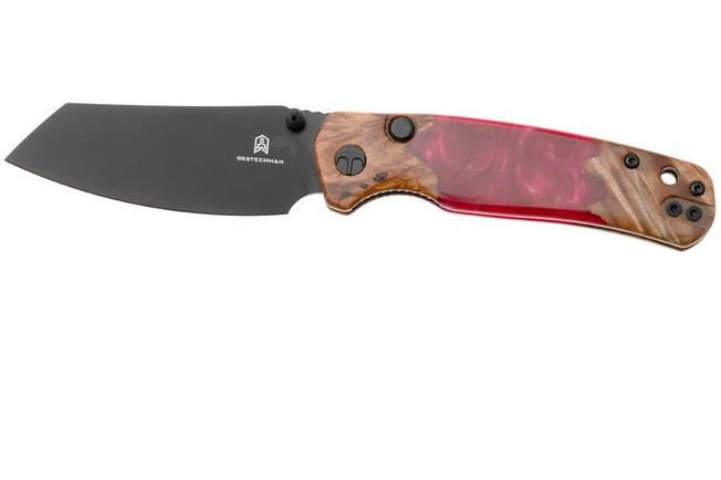 Afbeelding voor Bestechman Cicada's Wing-TL BMK24-W-1 Black PVD 10Cr15CoMoV, Wood and Red Resin, zakmes