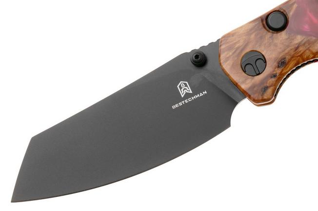 Afbeelding voor Bestechman Cicada's Wing-TL BMK24-W-1 Black PVD 10Cr15CoMoV, Wood and Red Resin, zakmes