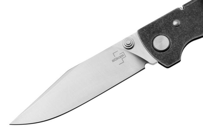 Afbeelding voor Böker Plus Atlas Backlock Clippoint TS, 01BP0065, Satin D2, Stonewashed Stainless Steel, zakmes