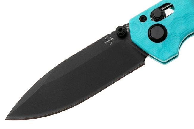 Afbeelding voor Böker Plus Dealer Knife 2026 01BP0094 Black Titanium Coated Nitro-V, Turquoise G10, Limited Edition zakmes, Lucas Burnley design
