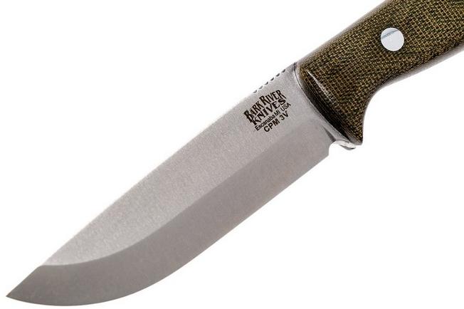 Bark River Gunny Scandi CPM 3V, Green Canvas Micarta, brown sheath