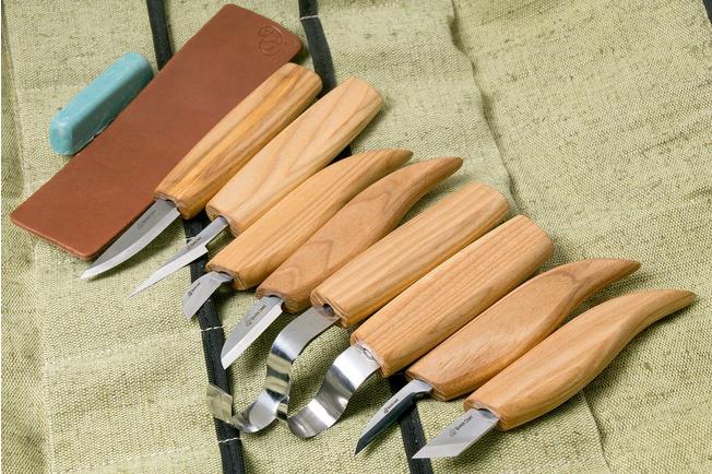 BeaverCraft Wood Carving Set di 8 coltelli S08, set per intaglio del legno  (8 coltelli nel rotolo + accessori)