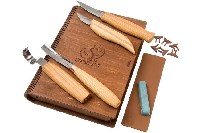 BeaverCraft Wood Carving Set di 8 coltelli S08, set per intaglio del legno  (8 coltelli nel rotolo + accessori)