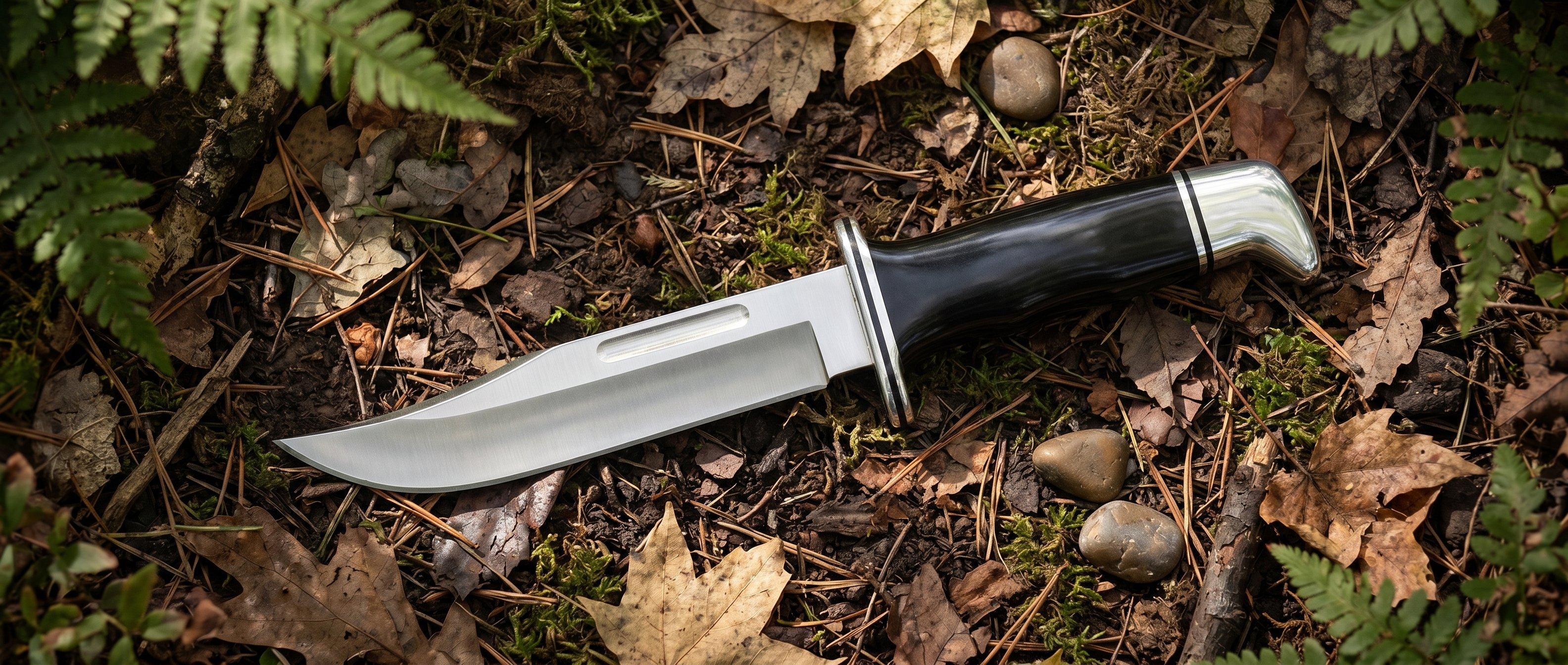 Buck Fahrtenmesser, das im Wald auf dem Boden liegt.