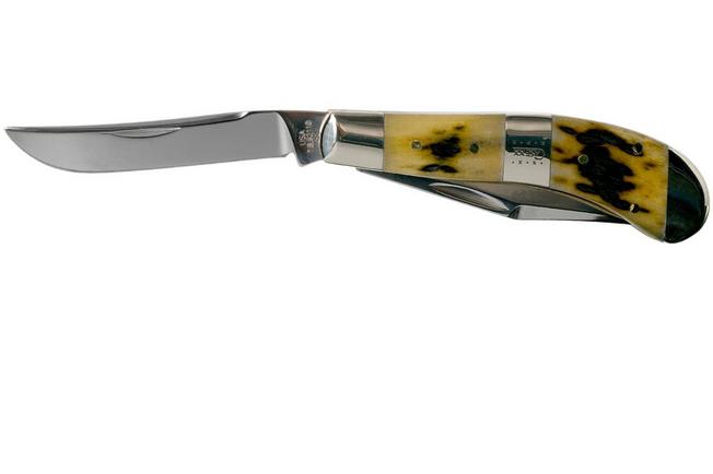 Image for Case Saddlehorn, Tang Stamp Series, Peach Seed Jig, Olive Green Bone 21516, Tony Bose TB62110 SS pocket knife