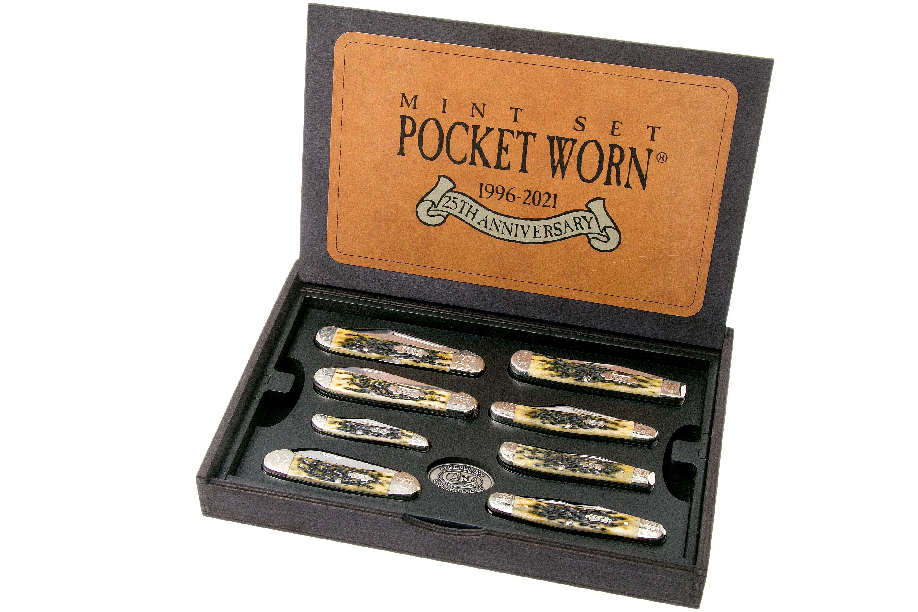 Case 25th Anniversary Mint Set, Pocket Worn Olive Green Bone, Peach Seed  Jig, 38190, SS pocket knife