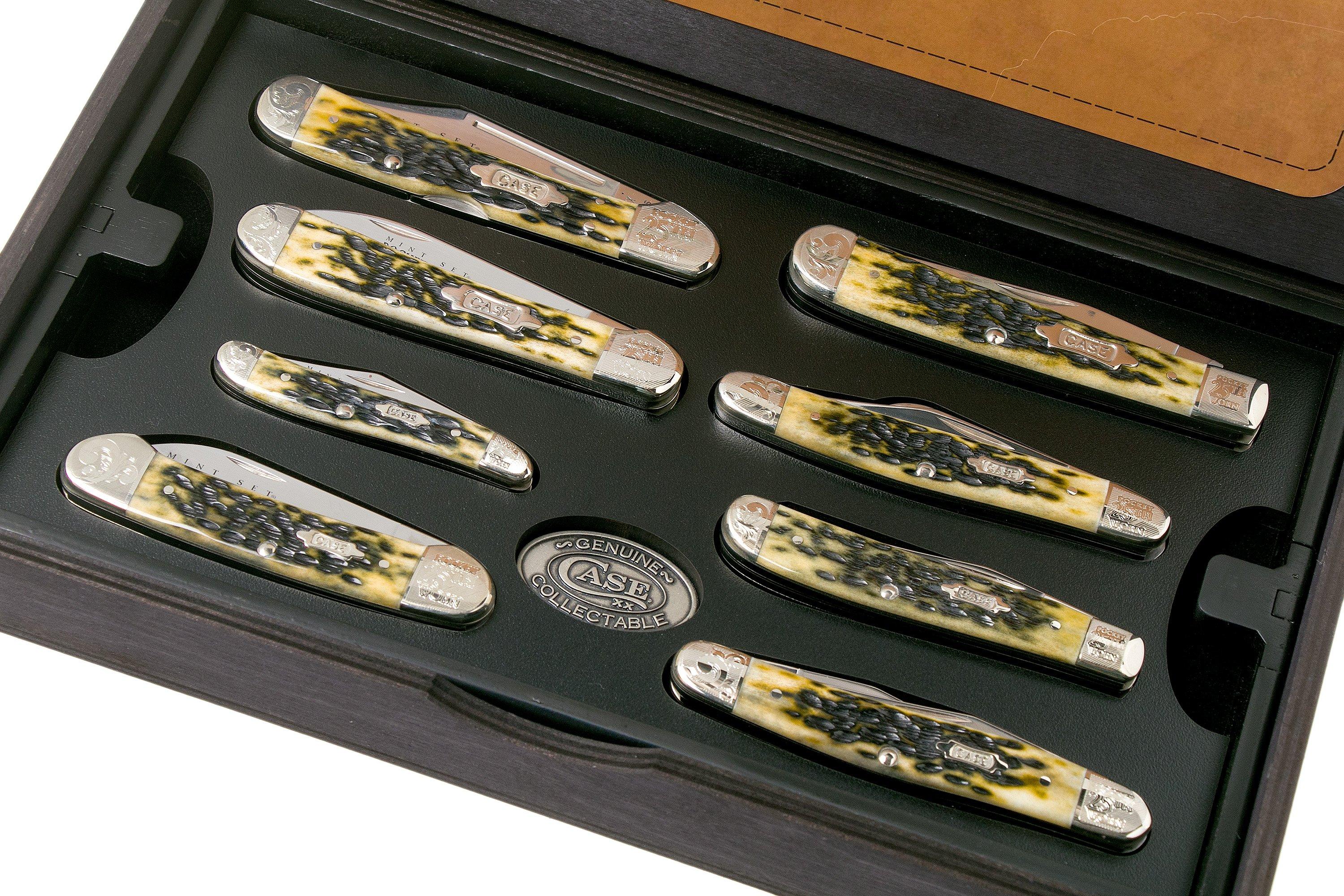 Case 25th Anniversary Mint Set, Pocket Worn Olive Green Bone, Peach Seed  Jig, 38190, SS pocket knife