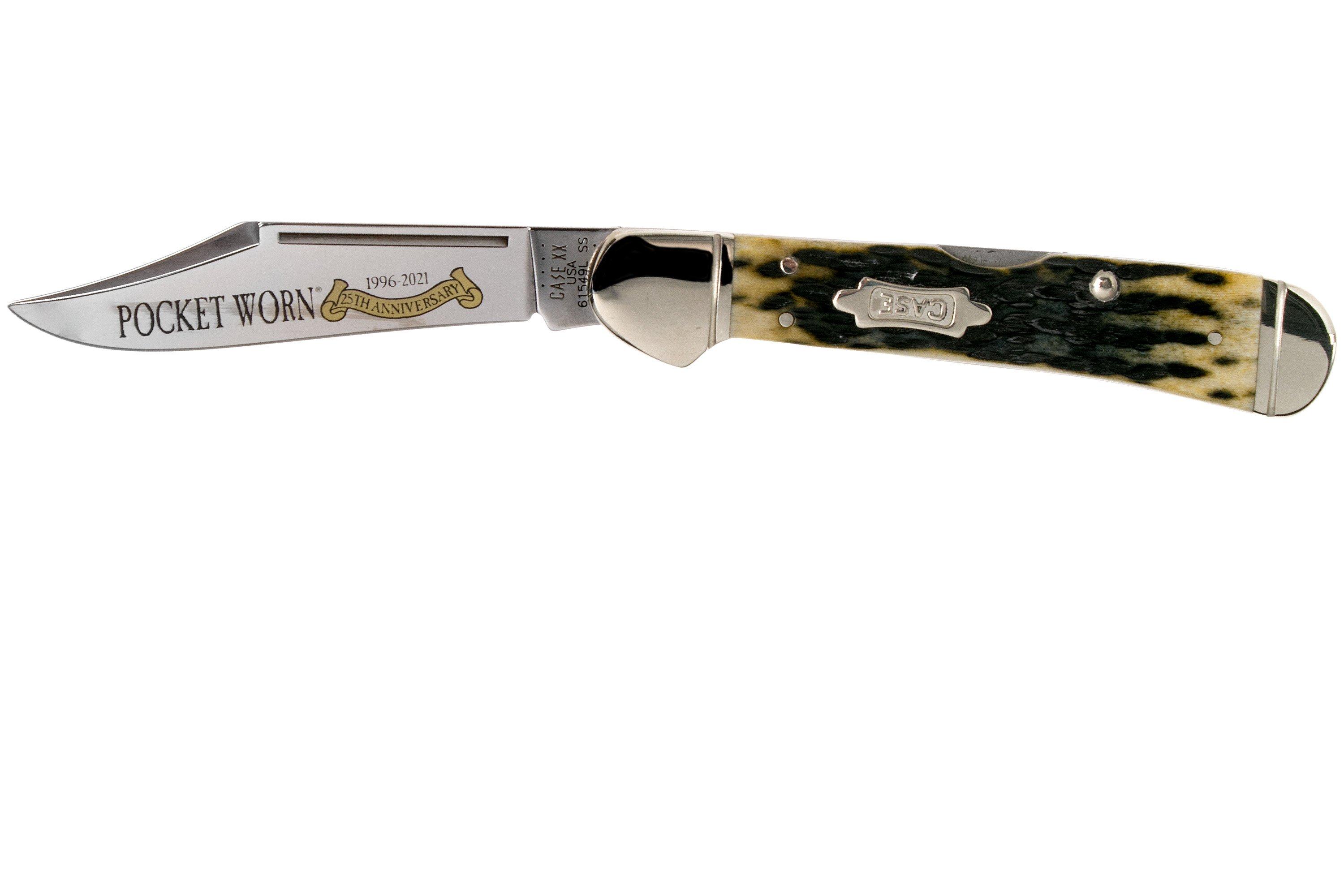 Case 25th Anniversary Mint Set, Pocket Worn Olive Green Bone, Peach Seed  Jig, 38190, SS pocket knife