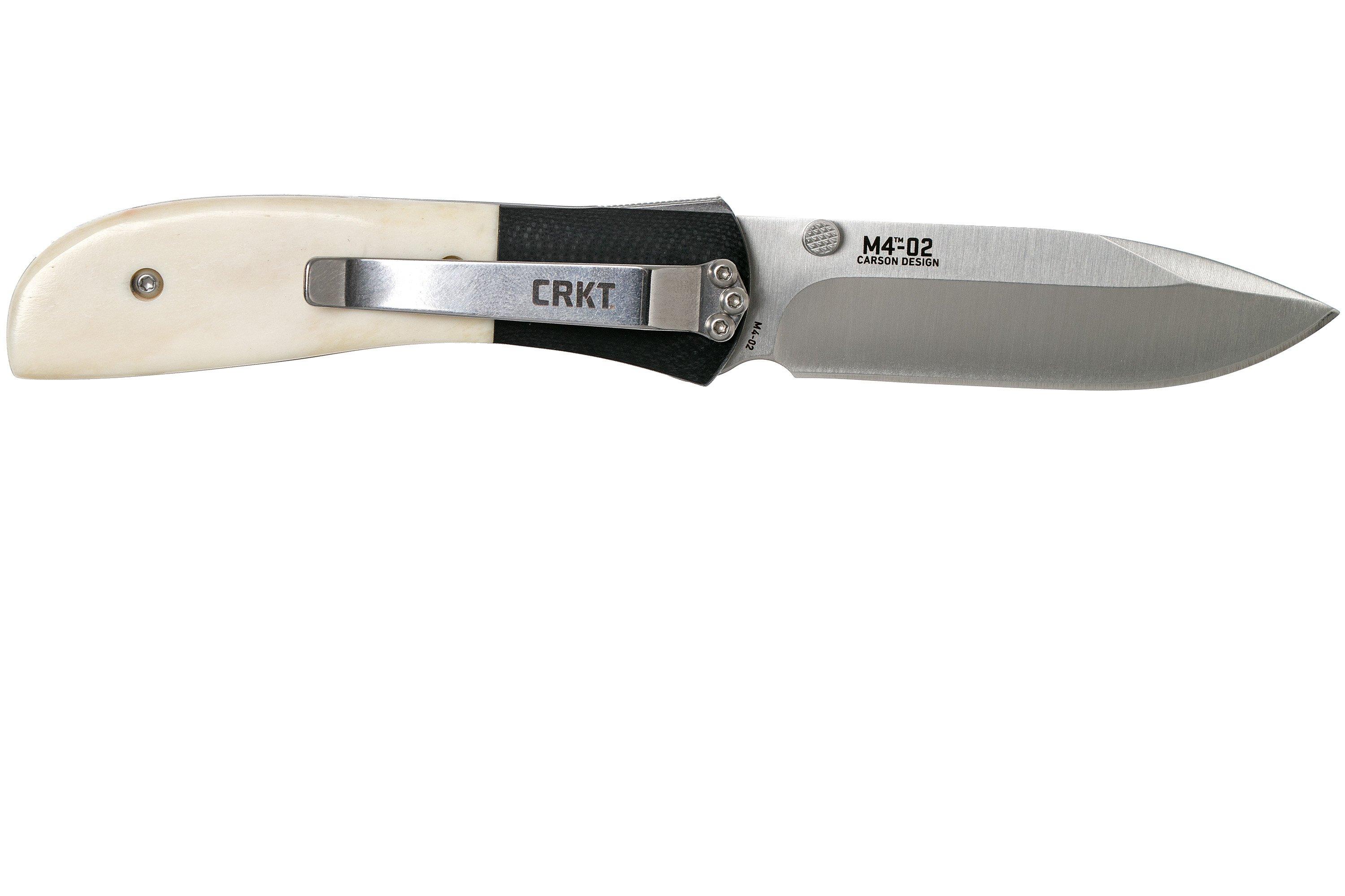 CRKT M402 white bone pocket knife, Kit Carson design Advantageously