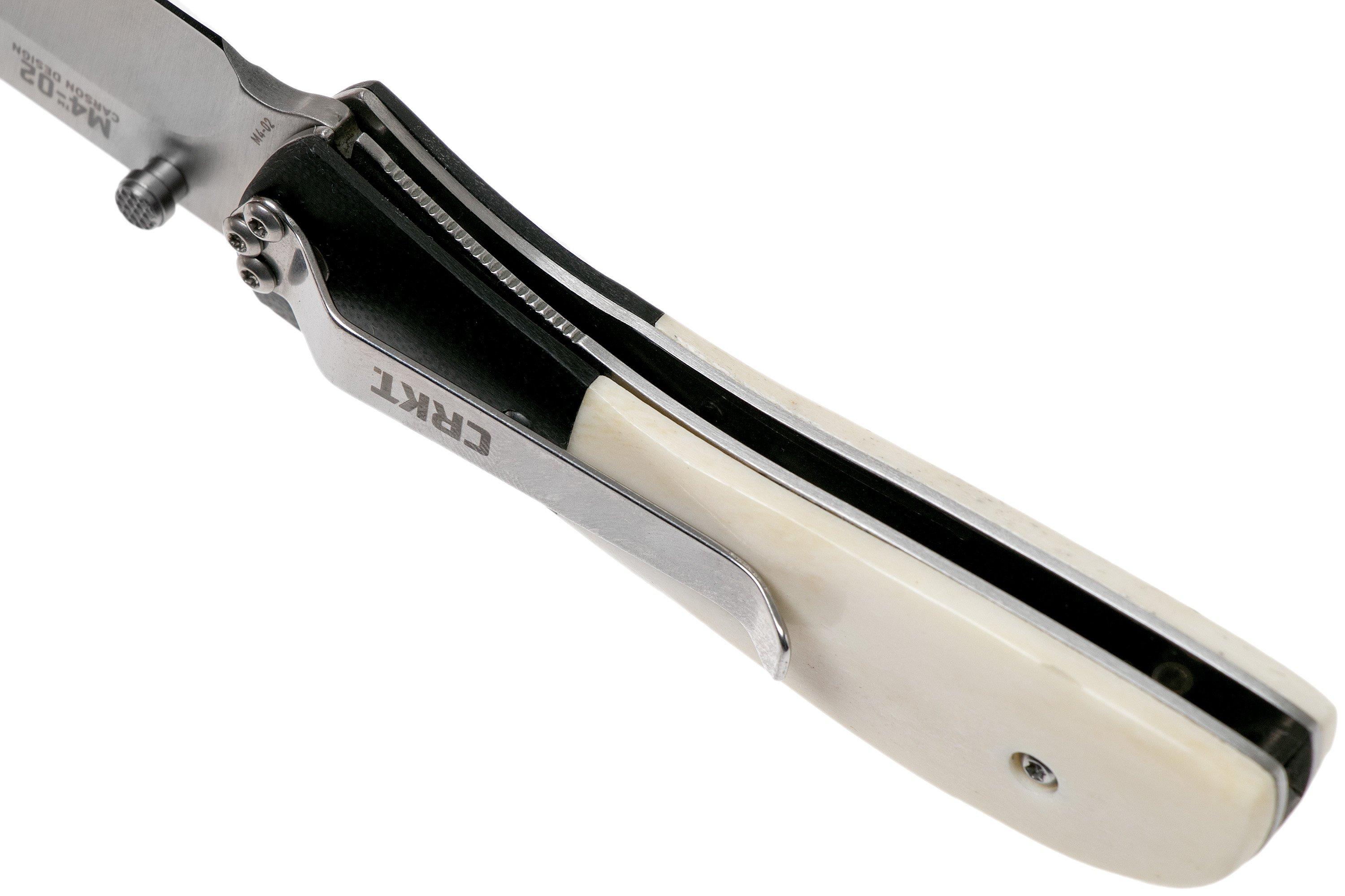 CRKT M402 white bone pocket knife, Kit Carson design Advantageously