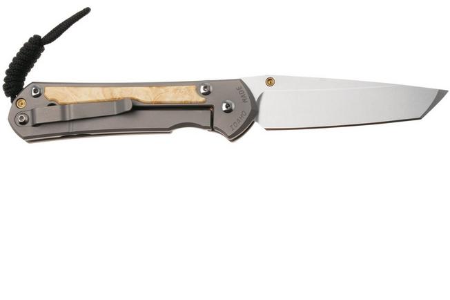 Afbeelding voor Chris Reeve Large Sebenza 31, L31-1132, Stonewashed CPM MagnaCut Tanto, Glass Blasted Grey Titanium, Box Elder Inlay zakmes