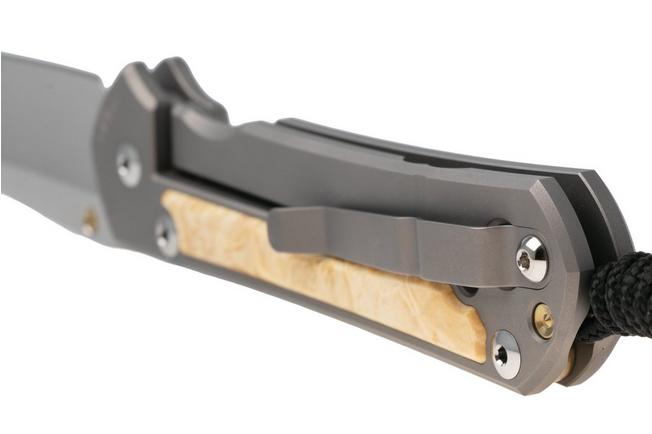 Afbeelding voor Chris Reeve Large Sebenza 31, L31-1132, Stonewashed CPM MagnaCut Tanto, Glass Blasted Grey Titanium, Box Elder Inlay zakmes