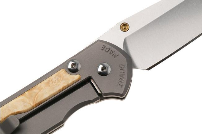 Afbeelding voor Chris Reeve Large Sebenza 31, L31-1132, Stonewashed CPM MagnaCut Tanto, Glass Blasted Grey Titanium, Box Elder Inlay zakmes