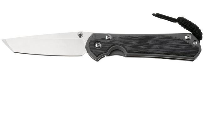 Afbeelding voor Chris Reeve Large Sebenza 31, L31-1228, Stonewashed CPM MagnaCut Tanto, Sandblasted Grey Titanium, Black Canvas Micarta Inlay zakmes