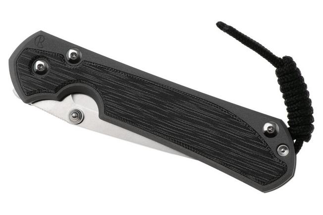 Afbeelding voor Chris Reeve Large Sebenza 31, L31-1228, Stonewashed CPM MagnaCut Tanto, Sandblasted Grey Titanium, Black Canvas Micarta Inlay zakmes