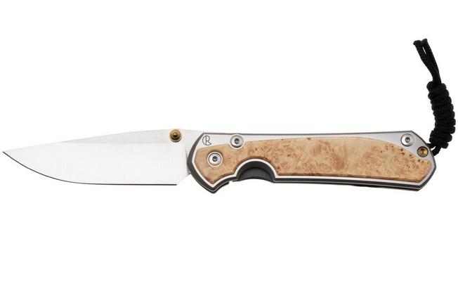 Afbeelding voor Chris Reeve Large Sebenza 31 L31-1628, Satin CPM MagnaCut, Polished Titanium, Box Elder Burl Inlay zakmes