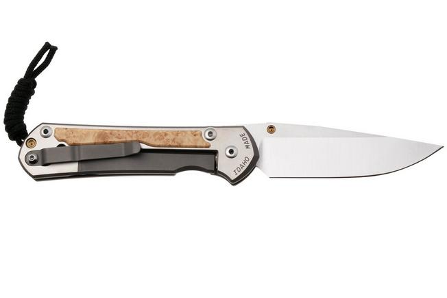 Afbeelding voor Chris Reeve Large Sebenza 31 L31-1628, Satin CPM MagnaCut, Polished Titanium, Box Elder Burl Inlay zakmes