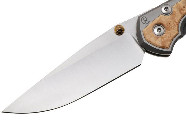 Afbeelding voor Chris Reeve Large Sebenza 31 L31-1628, Satin CPM MagnaCut, Polished Titanium, Box Elder Burl Inlay zakmes