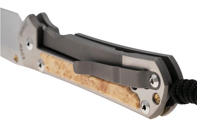 Afbeelding voor Chris Reeve Large Sebenza 31 L31-1628, Satin CPM MagnaCut, Polished Titanium, Box Elder Burl Inlay zakmes