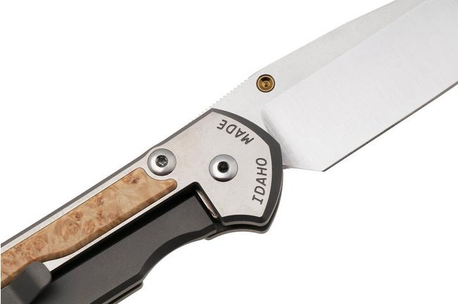 Afbeelding voor Chris Reeve Large Sebenza 31 L31-1628, Satin CPM MagnaCut, Polished Titanium, Box Elder Burl Inlay zakmes