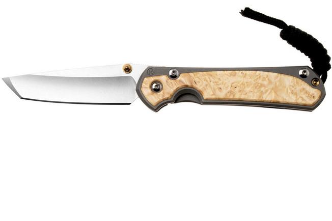 Afbeelding voor Chris Reeve Small Sebenza 31, S31-1132, Stonewashed CPM MagnaCut Tanto, Glass Blasted Titanium, Box Elder Burl inlay, zakmes