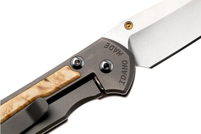 Afbeelding voor Chris Reeve Small Sebenza 31, S31-1132, Stonewashed CPM MagnaCut Tanto, Glass Blasted Titanium, Box Elder Burl inlay, zakmes