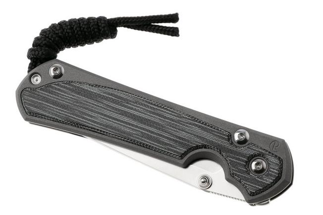 Afbeelding voor Chris Reeve Small Sebenza 31 S31-1229, Stonewashed CPM MagnaCut Tanto, Sandblasted Titanium, Black Canvas Micarta Inlay, linkshandig zakmes