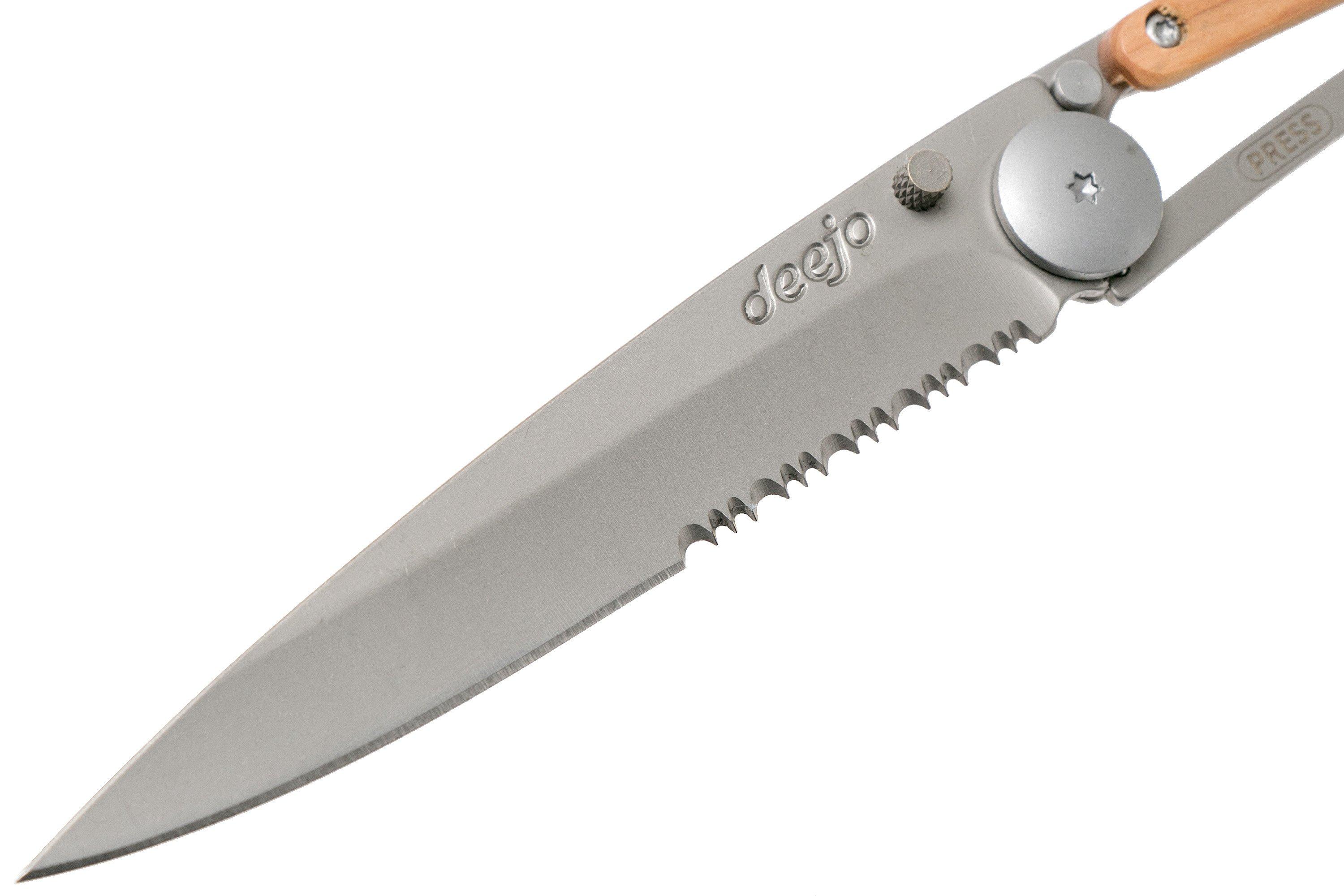 Deejo Wood OneHand 37g, Juniper wood 1CB502 serrated pocket knife